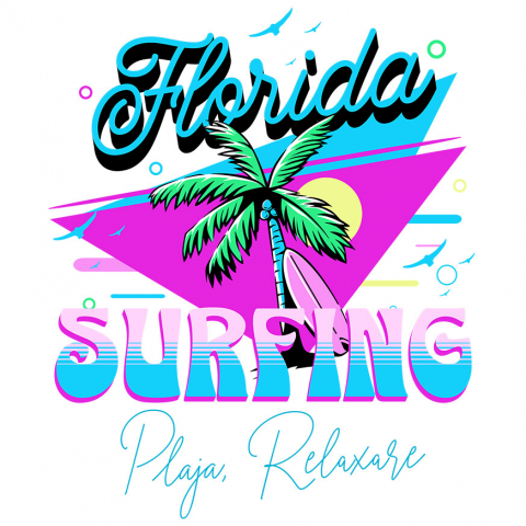 Sticker Adeziv Autocolant Personalizat "Produse personalizate pentru vacanță – Palmier cu nuci de cocos și placă de surf în Florida pentru surfing"