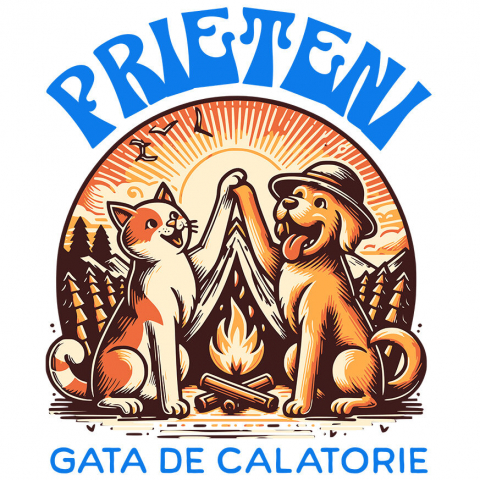 CALATORIE - Sticker Adeziv Autocolant Personalizat "Pereche Perfectă: Câine și Pisică la Foc de Tabără – Aventură cu Prieteni Gata de Călătorie"