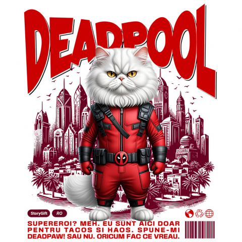 Sticker Personalizat - Sticker Adeziv Autocolant Personalizat Pisică Persană în Costum Deadpool – Supererou Haioș și Personalizat