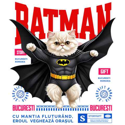 Sticker Adeziv Autocolant Personalizat Pisica Persană în Costum de Batman – Supererou Haioasă pentru Iubitorii de Pisici și Copii
