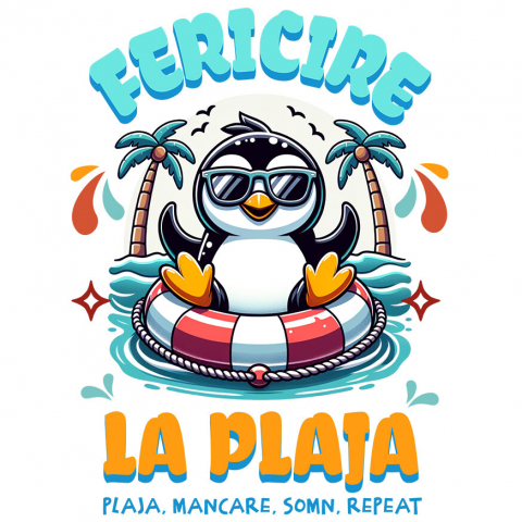 Sticker Adeziv Autocolant Personalizat "Produse personalizate pentru vacanță – Pinguin cu ochelari de soare pe plaja tropicala pentru familie și copii"