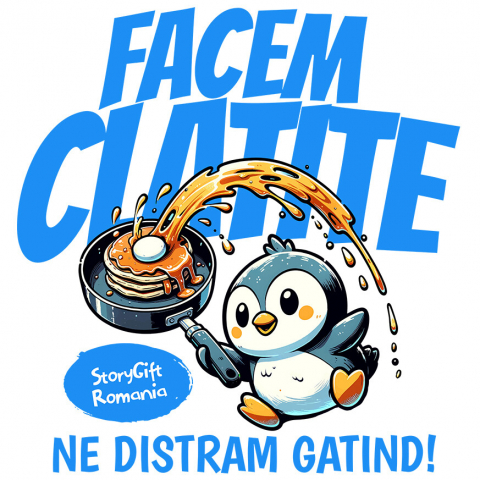 MANCARE - Sticker Adeziv Autocolant Personalizat Cadou personalizat pentru iubitorii de clătite | Pinguin în bucătărie cu tigaie și distracție în familie