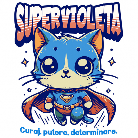 Cadouri Pentru Ea - Sticker Adeziv Autocolant Personalizat Pisica Albastră În Costum De Super Erou – Cadou Personalizat „SuperVioleta Curaj Putere Determinare”