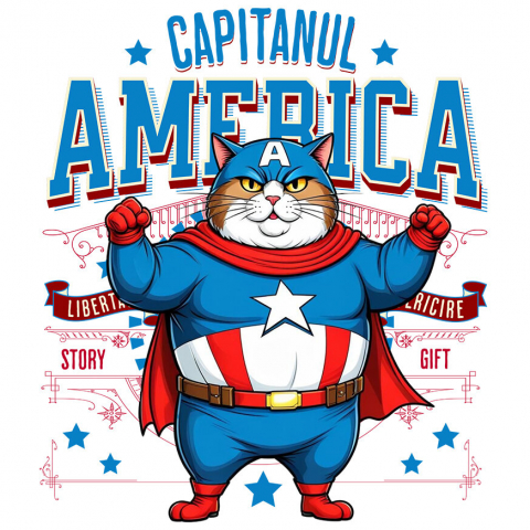 Sticker Adeziv Autocolant Personalizat Pisica Amuzantă și Pufosă în Costum de Captain America cu Pelerină - Cadou Personalizat pentru Copii și Iubitorii de Pisici