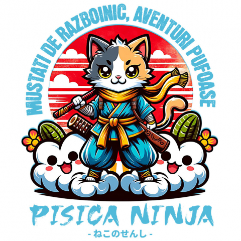 RAZBOINIC - Sticker Adeziv Autocolant Personalizat Pisică Ninja Colorată cu Mustăți de Războinic – Aventuri Pufoase pe Nori
