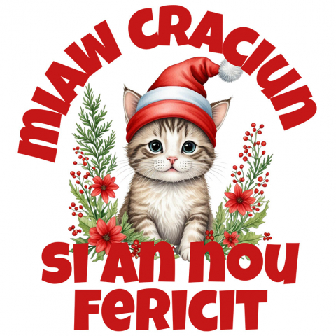 CRACIUN - Sticker Adeziv Autocolant Personalizat Pisica cu Căciulă de Crăciun – Miaw Crăciun și An Nou Fericit pentru Iubitorii de Animale