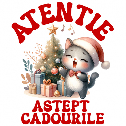 CRACIUN - Sticker Adeziv Autocolant Personalizat Pisica Cântând Lângă Bradul de Crăciun – „Aștept Cadourile” – Cadou Perfect pentru Iubitorii de Pisici