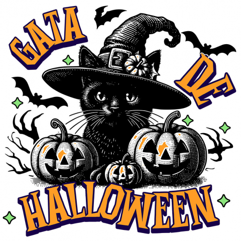 HALLOWEEN - Sticker Adeziv Autocolant Personalizat Pisica cu Pălărie de Halloween și Dovleci de Horror | Costum Pisică Tematic Halloween