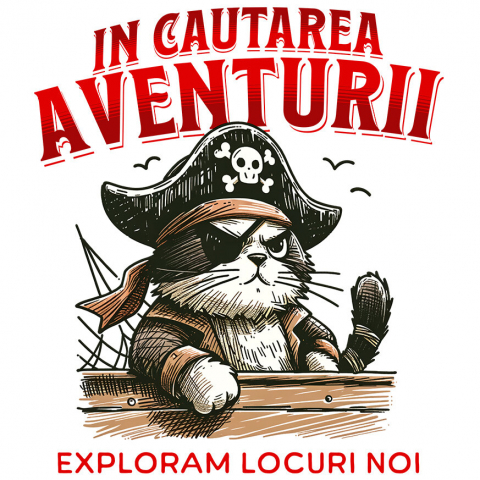 Sticker Adeziv Autocolant Personalizat Tricou Personalizat Pisică Pirat – "Explorăm Locuri Noi" | Cadou pentru Aventurieri și Iubitori de Pisici