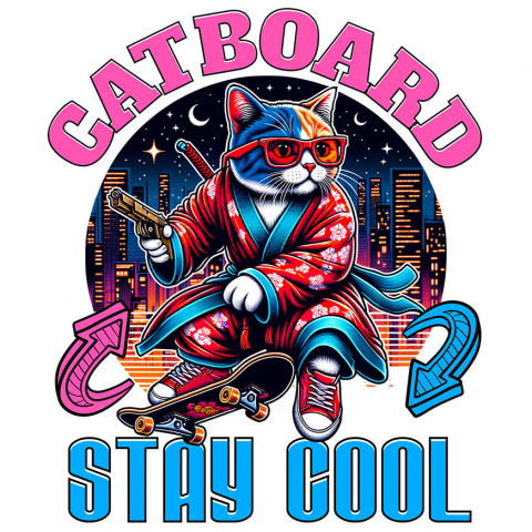 PISICI - Sticker Adeziv Autocolant Personalizat Pisica Cu Skateboard – Ținută Asiană Urbană – Stay Cool – Cadou Personalizat Pentru Familie și Iubitorii De Pisici