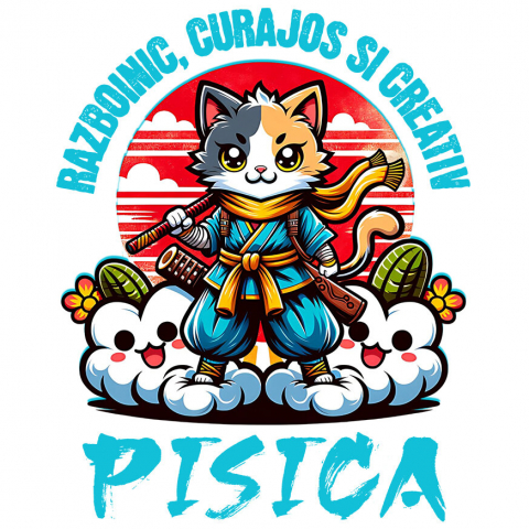 PISICI - Sticker Adeziv Autocolant Personalizat Pisica Ninja Cu Sabii – Motan Curajos Și Creativ – Cadou Personalizat Pentru Familie, Copii și Tati