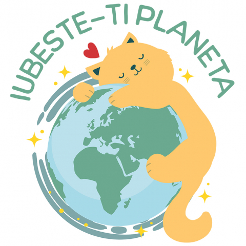 PISICI - Sticker Adeziv Autocolant Personalizat "Pisica Galbenă Îmbrățișând Planeta Pământ - Iubește-ți Planeta, Cadou Ecologic pentru Familie și Copii"