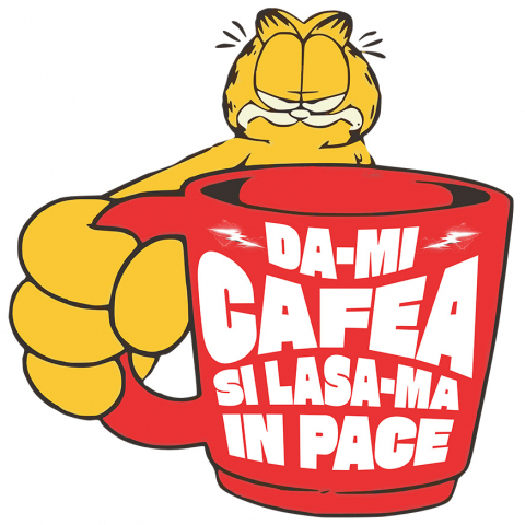 Sticker Adeziv Autocolant Personalizat „Cana Garfield Imensă cu Cafea - Mesaj Haios „Dă-mi Cafea și Lasa-mă în Pace” – Cadou Perfect pentru Iubitorii de Pisici și Cafea”