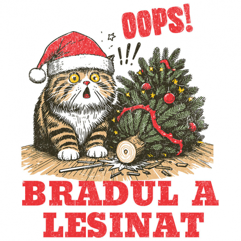 CRACIUN - Sticker Adeziv Autocolant Personalizat Tricou Personalizat Crăciun – Pisică Amuzantă și Brad Răsturnat