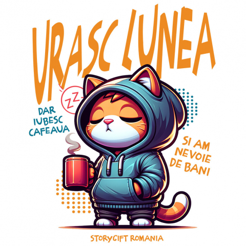 PISICI - Sticker Adeziv Autocolant Personalizat Pisica Haioasă Somnoroasă Cu Cană De Cafea – Cadou Personalizat „Urașc Lunea, Iubesc Cafeaua” pentru Iubitorii De Pisici și Cafea