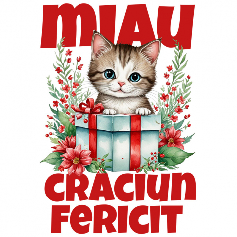 CRACIUN - Sticker Adeziv Autocolant Personalizat Pisica în Cutie de Cadou – Miau Crăciun Fericit și Flori Colorate pentru Iubitorii de Pisici
