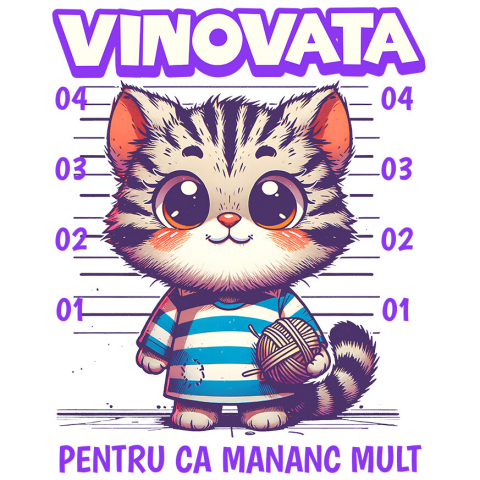 PISICI - Sticker Adeziv Autocolant Personalizat Pisica În Dungi Cu Ghem De Lână „Vinovată Pentru Că Mănânc Mult” – Cadou Amuzant Pentru Iubitorii De Pisici