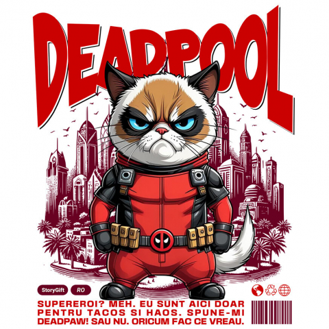 Cadouri Pentru Ea - Sticker Adeziv Autocolant Personalizat Pisica Morocănoasă în Costum Deadpool – Supererou Amuzant pentru Iubitorii de Pisici