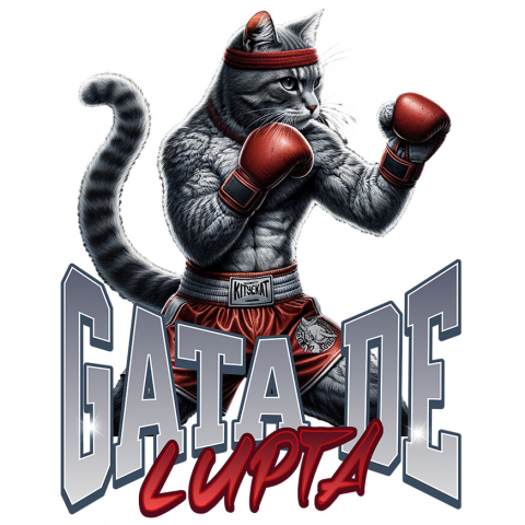 SPORT - Sticker Adeziv Autocolant Personalizat Pisica Motan Gri cu Mănuși și Echipament Roșu – Box și Sport de Contact Motivational