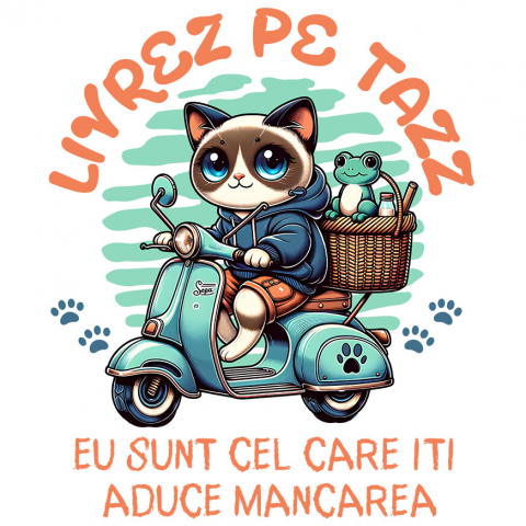PISICI - Sticker Adeziv Autocolant Personalizat "Pisica Albastră cu Cos de Picnic și Broască Țestoasă - Livrare Mâncare Tazz, Cadou Amuzant pentru Copii și Familie"