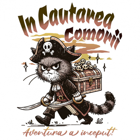 PISICI - Sticker Adeziv Autocolant Personalizat "Pisica Pirat cu Pălărie și Cufăr Cranii - Aventură cu Comori pentru Copii"