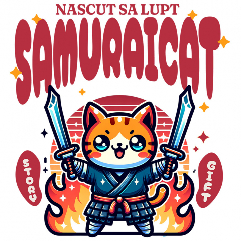 PISICI - Sticker Adeziv Autocolant Personalizat Pisica Portocalie Samurai – Cadou Personalizat Născut Să Lupt Samuraicat pentru Familie și Prieteni