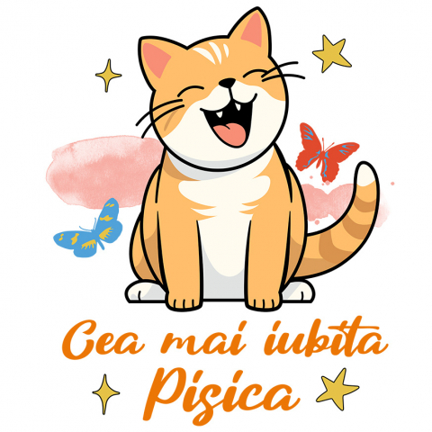 PISICI - Sticker Adeziv Autocolant Personalizat Pisica Portocalie Veselă „Cea Mai Iubită Pisică” – Cadou Amuzant Pentru Iubitorii De Pisici