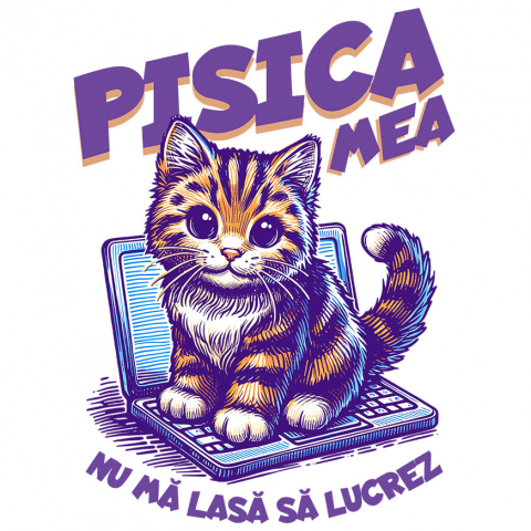 PISICI - Sticker Adeziv Autocolant Personalizat Pisica Pe Laptop „Pisica Mea Nu Mă Lasă Să Lucrez” – Cadou Amuzant Pentru Iubitorii De Pisici Și Birou