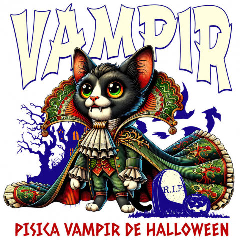 HALLOWEEN - Sticker Adeziv Autocolant Personalizat Costum Pisica Regina Vampir cu Colți pentru Halloween | Pisica Vampir de Halloween