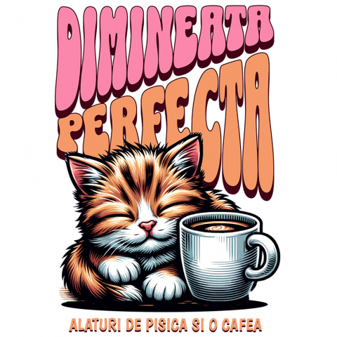 Sticker Adeziv Autocolant Personalizat „Pisică Somnoroasă cu Cană de Cafea – Dimineața Perfectă pentru Iubitorii de Pisici”