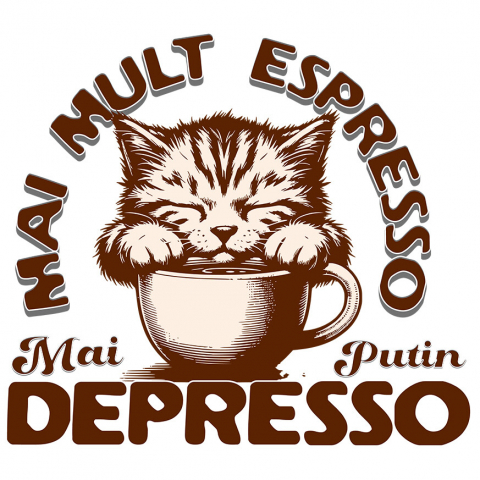 Cadouri Pentru Cupluri - Sticker Adeziv Autocolant Personalizat „Cană Personalizată „Mai Mult Expresso Mai Puțin Depresso” cu Pisică Somnoroasă – Cadou Amuzant pentru Iubitorii de Cafea și Pisici”