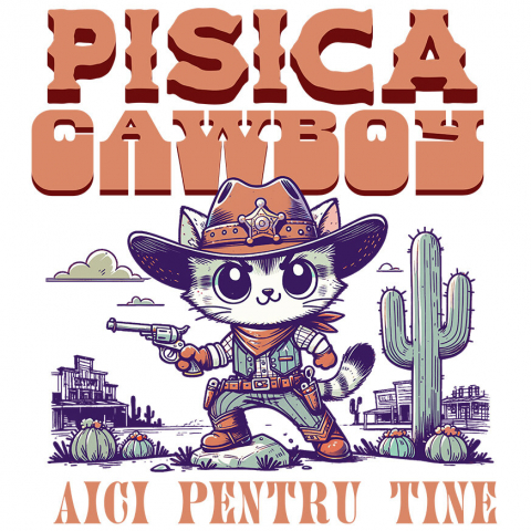 PISICI - Sticker Adeziv Autocolant Personalizat "Pisica Stil Cowboy - Cadou Iubire și Sprijin Personalizat"
