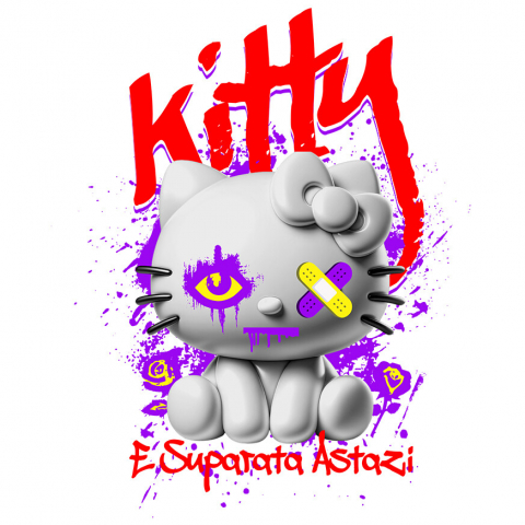 PISICI - Sticker Adeziv Autocolant Personalizat Pisica Stil Hello Kitty Albă Cu Plasturi La Ochi – Cadou Personalizat „Kitty Supărată Astăzi” pentru Iubitorii De Pisici și Hello Kitty