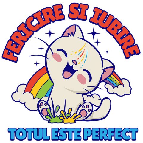 PISICI - Sticker Adeziv Autocolant Personalizat "Pisica Veselă cu Curcubeu - Cadou Fericire și Iubire Personalizat"