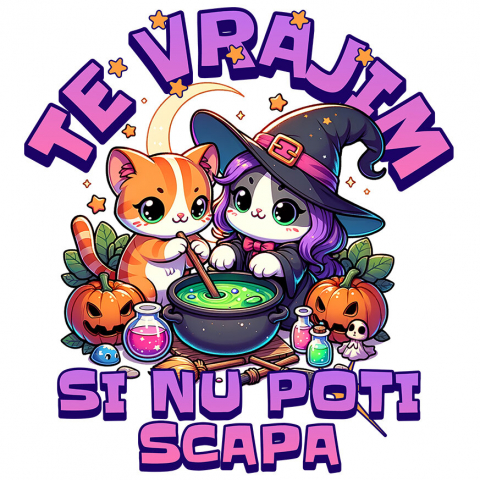 HALLOWEEN - Sticker Adeziv Autocolant Personalizat Pisici Vrăjitoare cu Poțiune Magică | Cadou Halloween Personalizat | Decor Tematic Halloween