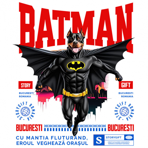 Cadouri Pentru Ea - Sticker Adeziv Autocolant Personalizat Pitbull În Costum de Batman – Câine Supererou pentru Familie și Copii