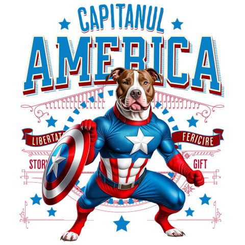 Sticker Personalizat - Sticker Adeziv Autocolant Personalizat Pitbull în Costum Captain America cu Pelerină - Cadou Personalizat pentru Copii și Iubitorii de Câini