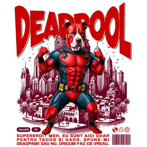 Sticker Adeziv Autocolant Personalizat Pitbull În Costum de Deadpool – Câine Supererou pentru Familie și Copii