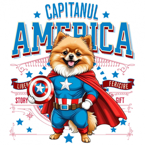 Sticker Personalizat - Sticker Adeziv Autocolant Personalizat Pomeranian în Costum de Captain America cu Pelerină - Cadou Personalizat pentru Copii și Iubitorii de Câini