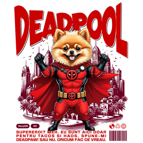 Sticker Personalizat - Sticker Adeziv Autocolant Personalizat Pomeranian în Costum Deadpool – Câine Supererou Amuzant și Personalizat