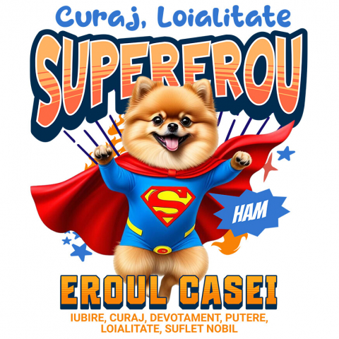 Cadouri Pentru Ea - Sticker Adeziv Autocolant Personalizat Pomeranian și Pisică în Costum de Superman – Produse Personalizate pentru Copii și Familie