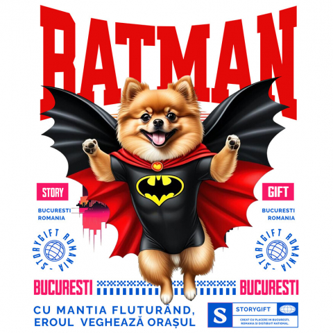 Cadouri Pentru Ea - Sticker Adeziv Autocolant Personalizat Pomeranian în Costum de Batman – Supereroul Blănos Perfect pentru Copii și Iubitorii de Animale