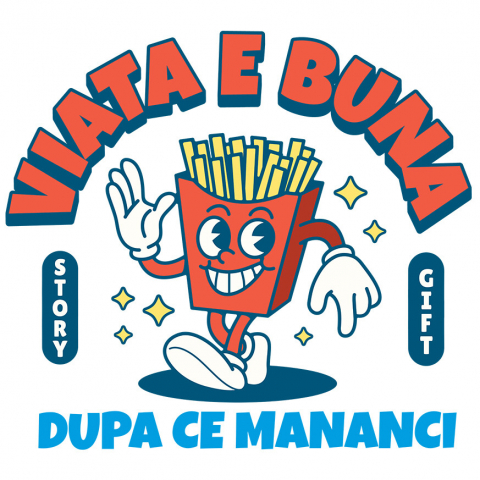 Sticker Adeziv Autocolant Personalizat Porție Cartofi Prajiți Veselă cu Mesaj „Viața E Bună După Ce Mănânci Fast Food” - Cadouri Amuzante pentru Familie și Prieteni