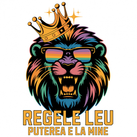 Sticker Personalizat - Sticker Adeziv Autocolant Personalizat Tricou Personalizat Regele Leu Furios cu Ochelari de Soare – "Puterea E La Mine" | Cadou pentru Iubitori de Leu și Putere