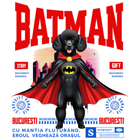 Cadouri Pentru Cupluri - Sticker Adeziv Autocolant Personalizat Pudel În Costum de Batman – Câine Supererou pentru Copii și Iubitorii de Animale