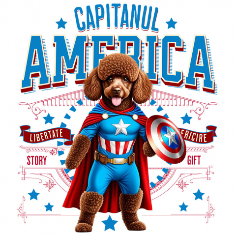 Sticker Adeziv Autocolant Personalizat Pudel în Costum Captain America cu Pelerină - Cadou Personalizat pentru Copii și Iubitorii de Câini