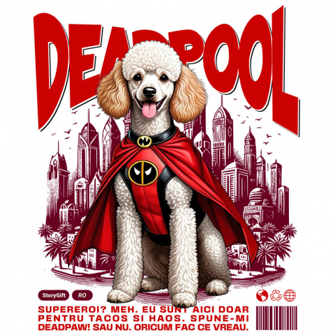 Sticker Adeziv Autocolant Personalizat Pudel în Costum Deadpool - Cadou Personalizat pentru Copii și Familie