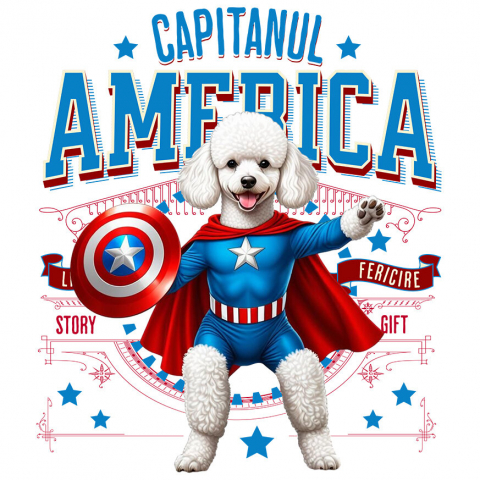 Sticker Personalizat - Sticker Adeziv Autocolant Personalizat Pisica Pudel în Costum de Captain America cu Pelerină - Cadou Personalizat pentru Copii și Iubitorii de Pisici