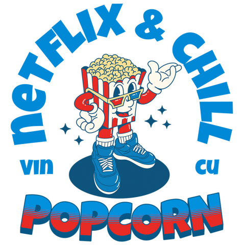 Cadouri Pentru Cupluri - Sticker Adeziv Autocolant Personalizat Punga popcorn personalizată cu ochelari 3D și text Netflix & Chill – Cadou perfect pentru iubitorii de filme