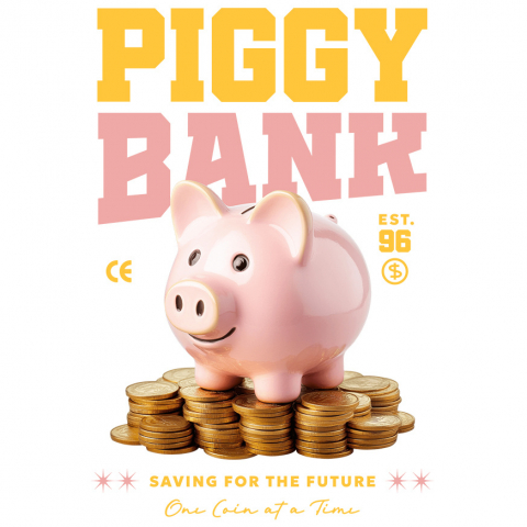 Cadouri Pentru Ea - Sticker Adeziv Autocolant Personalizat Pusculiță Porc cu Bani – Piggy Bank cu Monede de Aur și Bancnote pentru Investiții